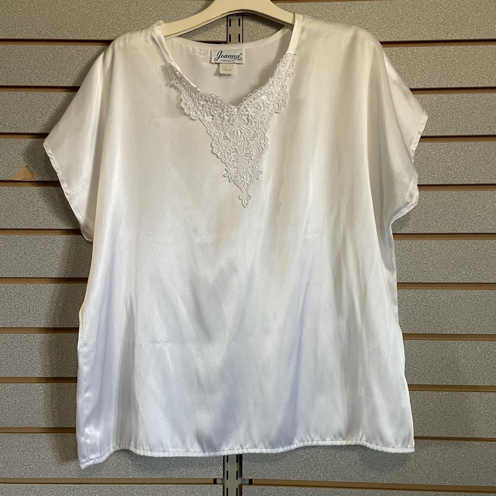 Vtg Joanna White L Short Sleeve Satin Top Blouse Shirt Lace Trim  Business Casua